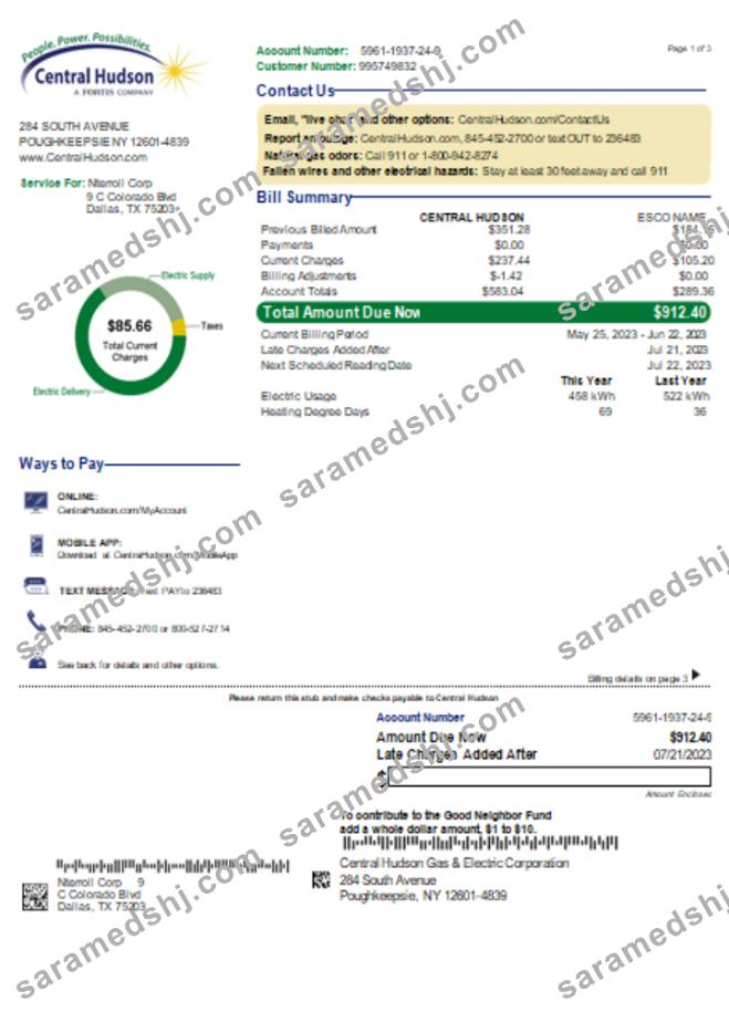 Central Hudson Energy Group utility business bill, page 1, SCR